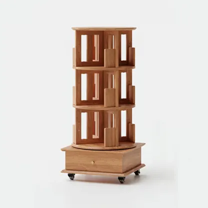 Cylindrical Movable 360° Rotating Wooden Bookshelf with Drawer Image - 14