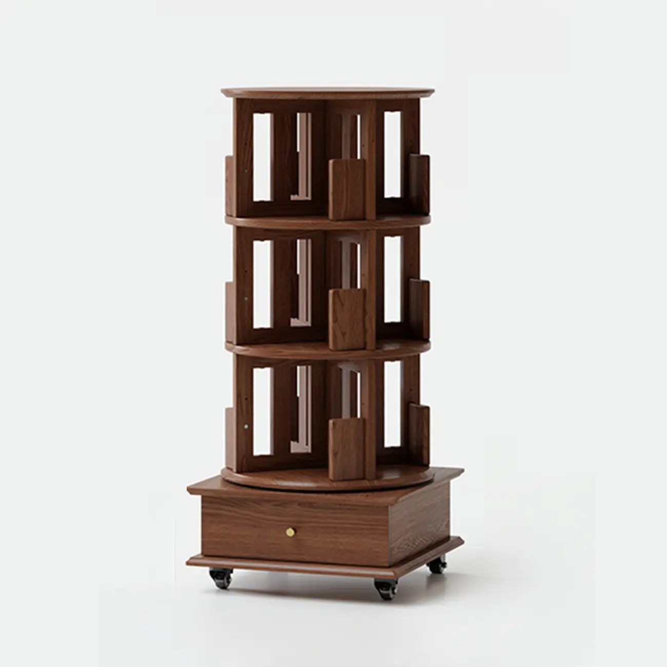Cylindrical Movable 360° Rotating Wooden Bookshelf with Drawer Image - 15 | homeyfad
