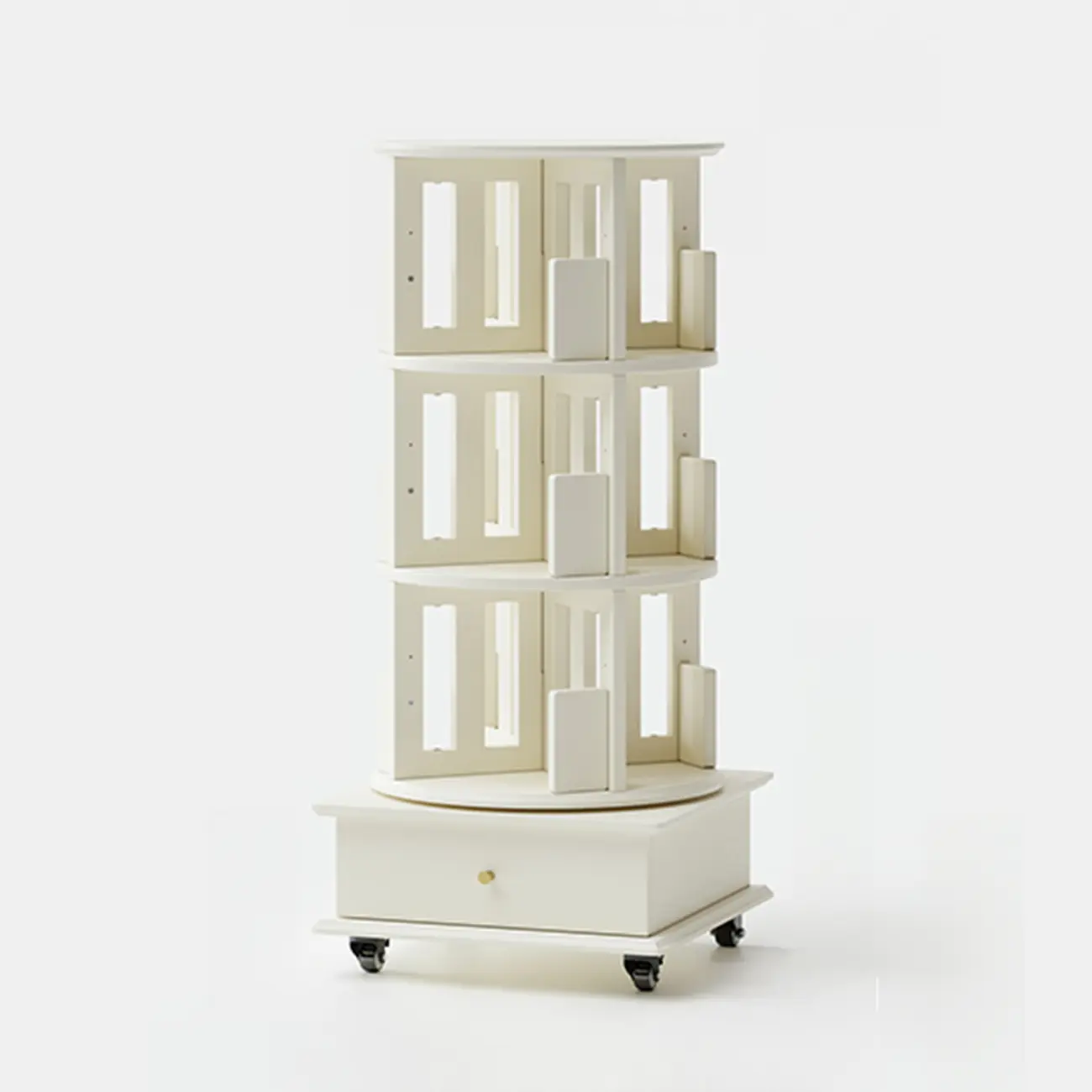 Cylindrical Movable 360° Rotating Wooden Bookshelf with Drawer Image - 16 | homeyfad
