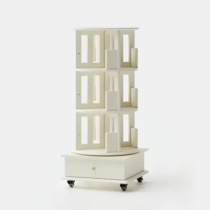 Cylindrical Movable 360° Rotating Wooden Bookshelf with Drawer Image - 16