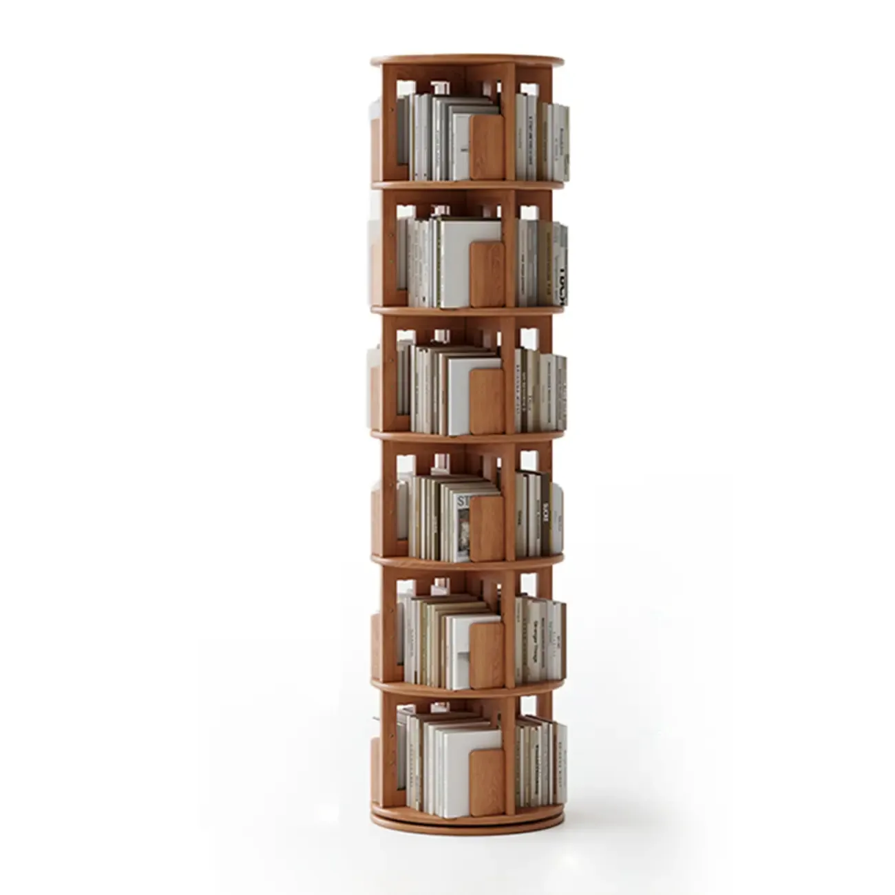 Cylindrical Movable 360° Rotating Wooden Bookshelf with Drawer Image - 21
