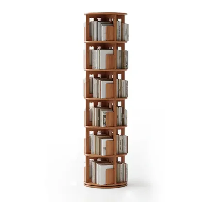 Cylindrical Movable 360° Rotating Wooden Bookshelf with Drawer Image - 21