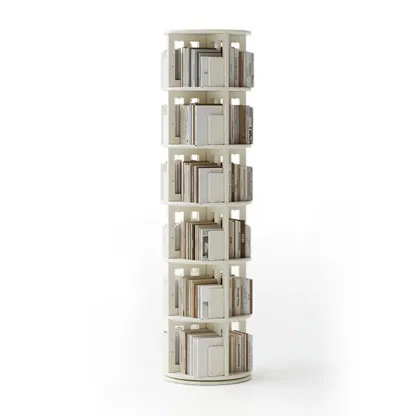 Cylindrical Movable 360° Rotating Wooden Bookshelf with Drawer Image - 22