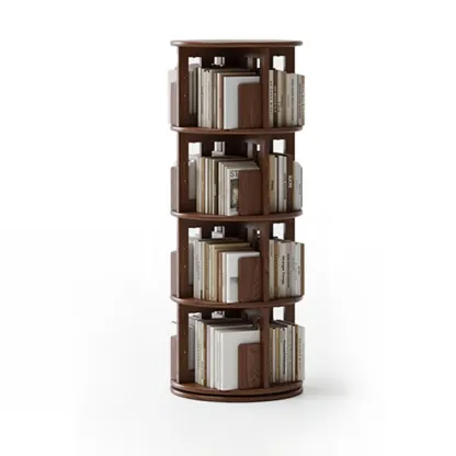 Cylindrical Movable 360° Rotating Wooden Bookshelf with Drawer Image - 23