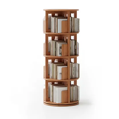 Cylindrical Movable 360° Rotating Wooden Bookshelf with Drawer Image - 24