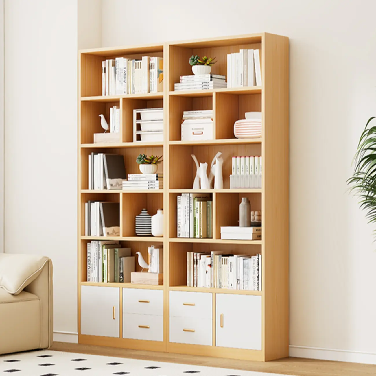 Natural Finish Narrow 6 Shelves Wooden Bookcase with Drawer Image - 1 | homeyfad