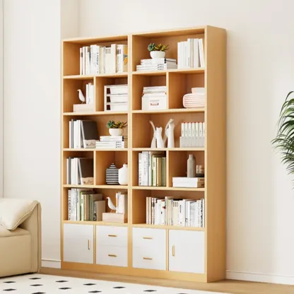 Natural Finish Narrow 6 Shelves Wooden Bookcase with Drawer Image - 1