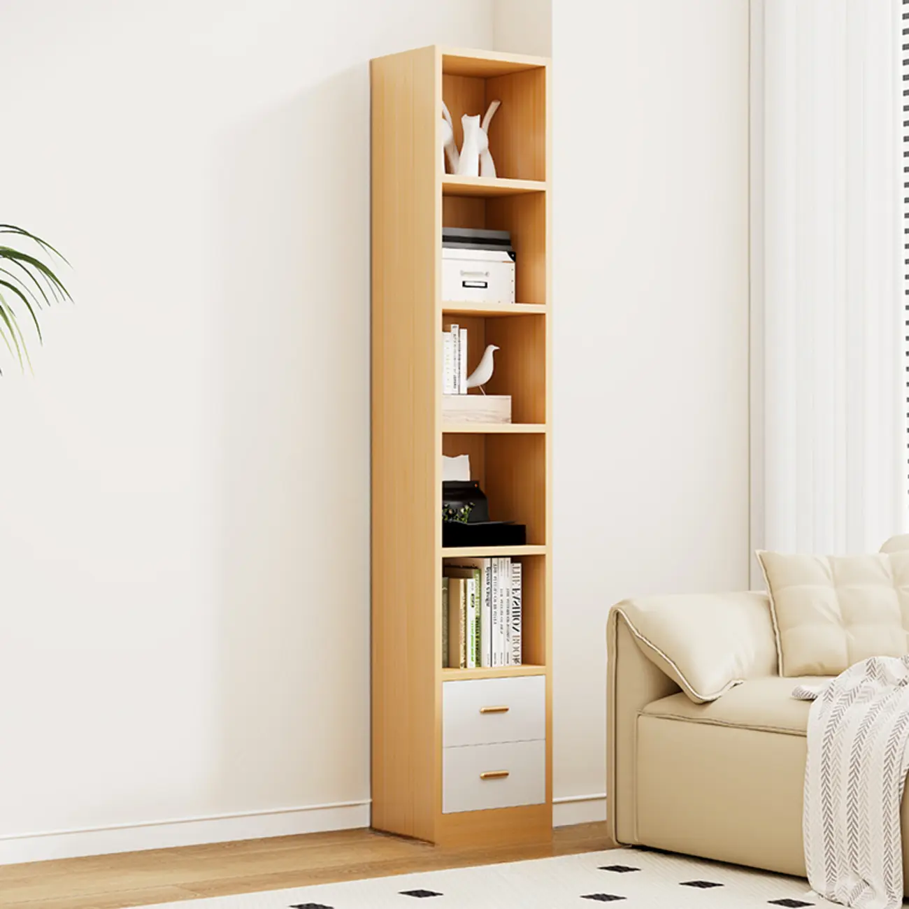 Natural Finish Narrow 6 Shelves Wooden Bookcase with Drawer Image - 2 | homeyfad