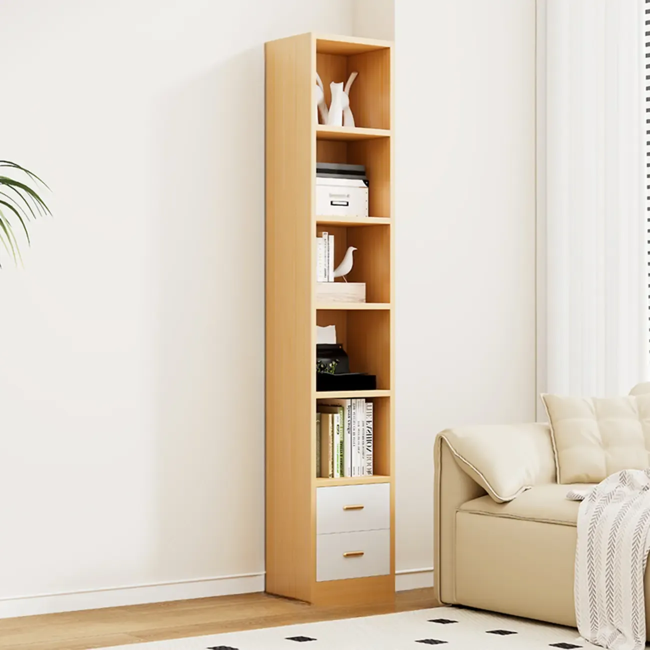 Natural Finish Narrow 6 Shelves Wooden Bookcase with Drawer Image - 2