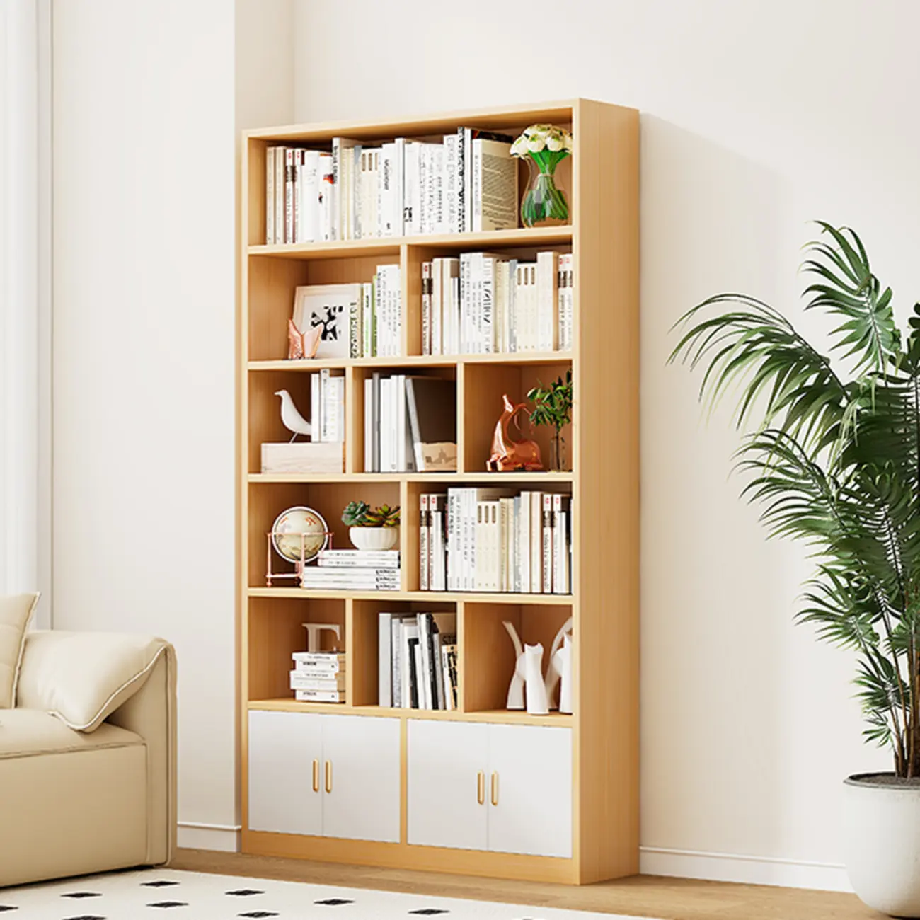 Natural Finish Narrow 6 Shelves Wooden Bookcase with Drawer Image - 3 | homeyfad