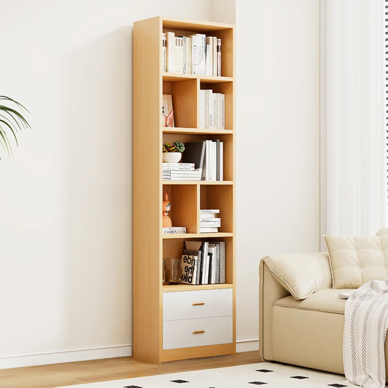 Natural Finish Narrow 6 Shelves Wooden Bookcase with Drawer Image - 4 | homeyfad