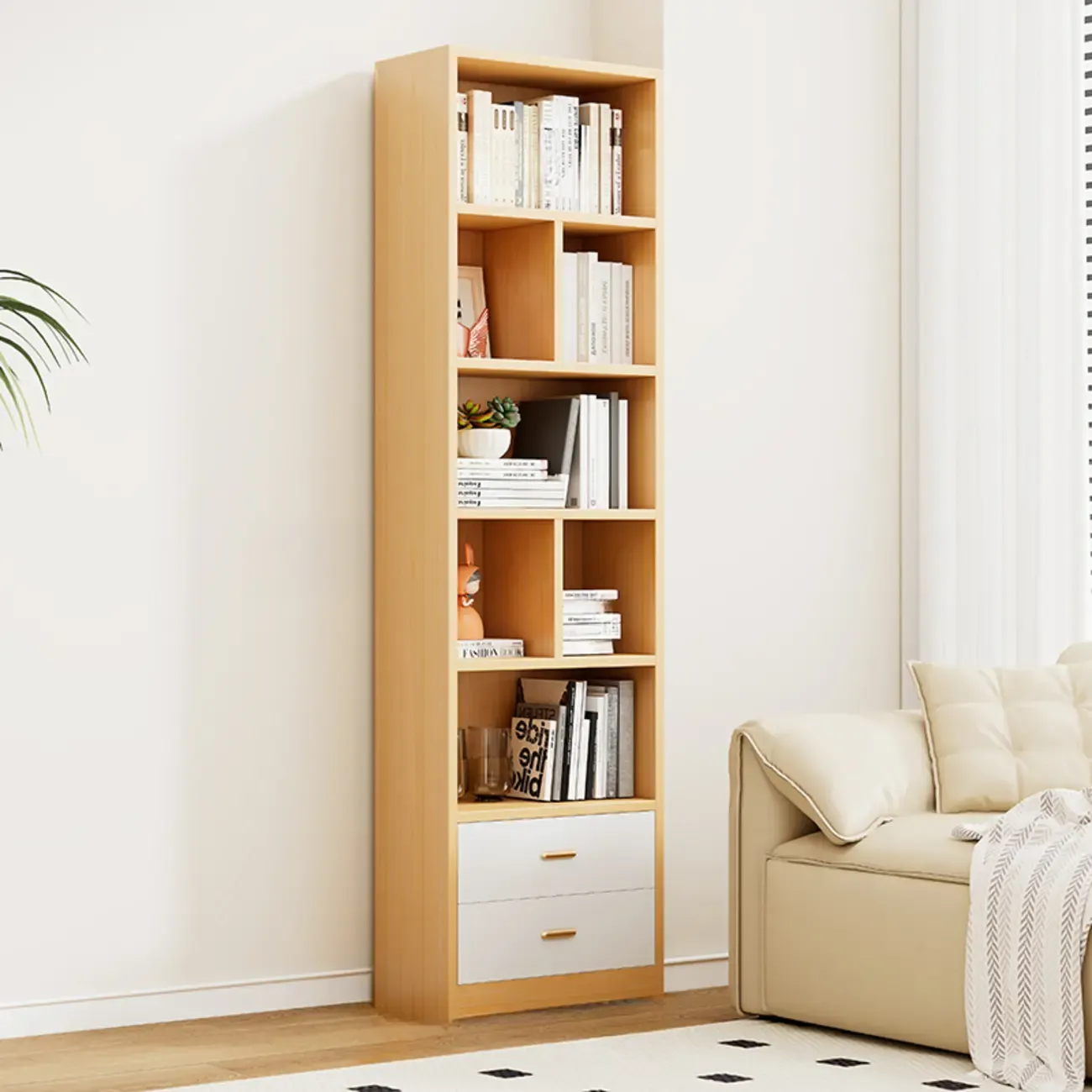 Natural Finish Narrow 6 Shelves Wooden Bookcase with Drawer Image - 4