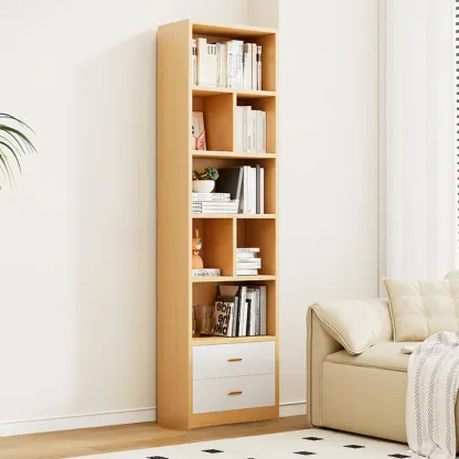 Natural Finish Narrow 6 Shelves Wooden Bookcase with Drawer Image - 4