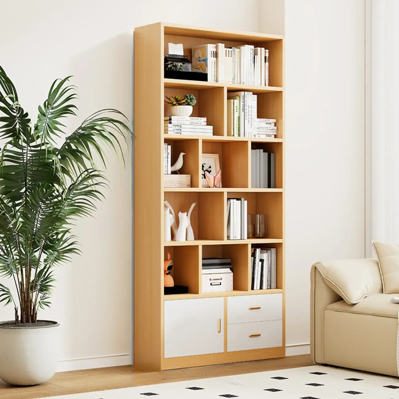 Natural Finish Narrow 6 Shelves Wooden Bookcase with Drawer Image - 5