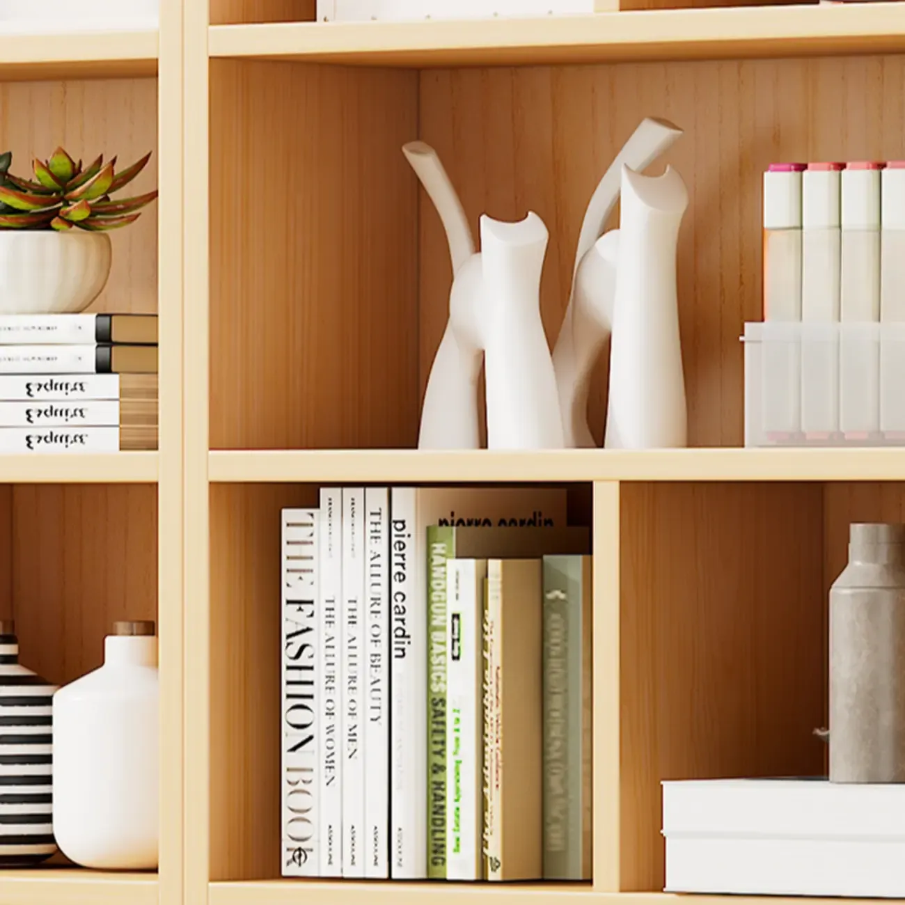 Natural Finish Narrow 6 Shelves Wooden Bookcase with Drawer Image - 6