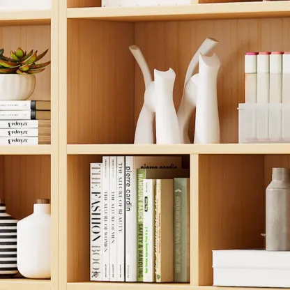Natural Finish Narrow 6 Shelves Wooden Bookcase with Drawer Image - 6