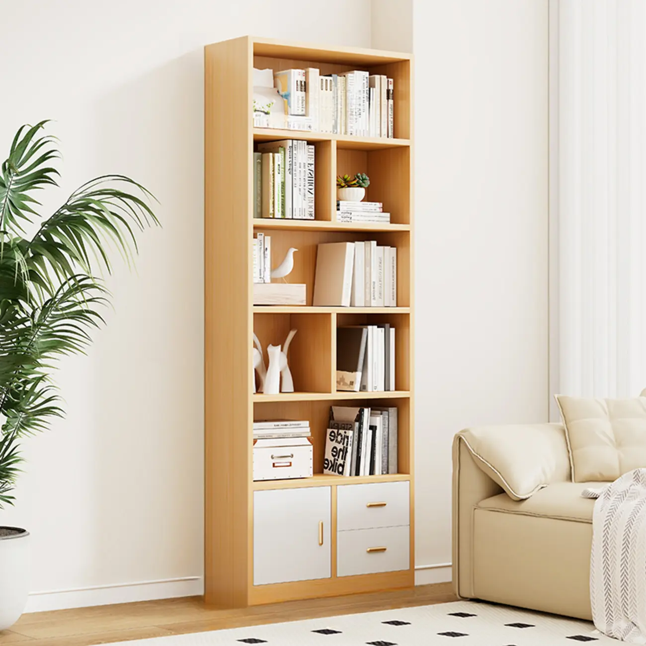 Natural Finish Narrow 6 Shelves Wooden Bookcase with Drawer Image - 7 | homeyfad