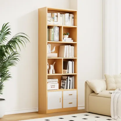 Natural Finish Narrow 6 Shelves Wooden Bookcase with Drawer Image - 7