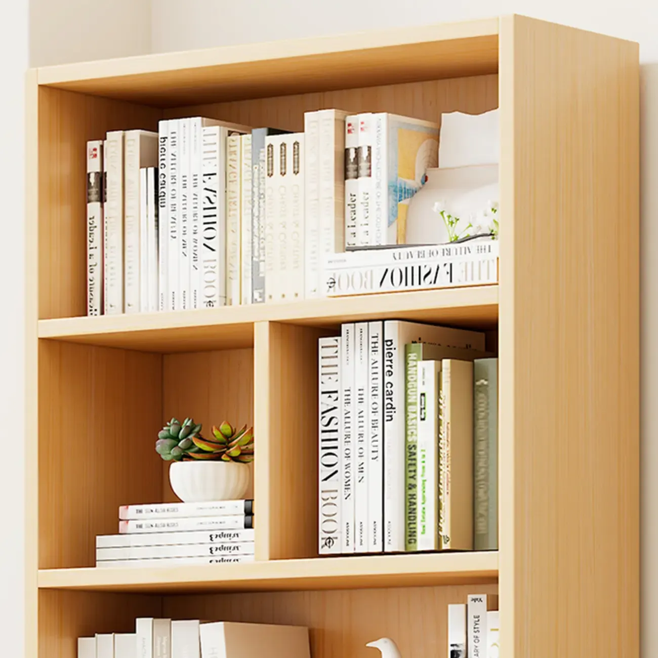 Natural Finish Narrow 6 Shelves Wooden Bookcase with Drawer Image - 8