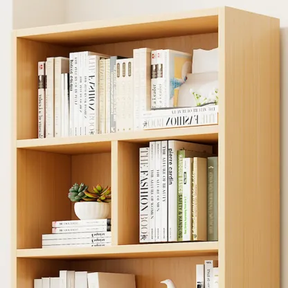 Natural Finish Narrow 6 Shelves Wooden Bookcase with Drawer Image - 8