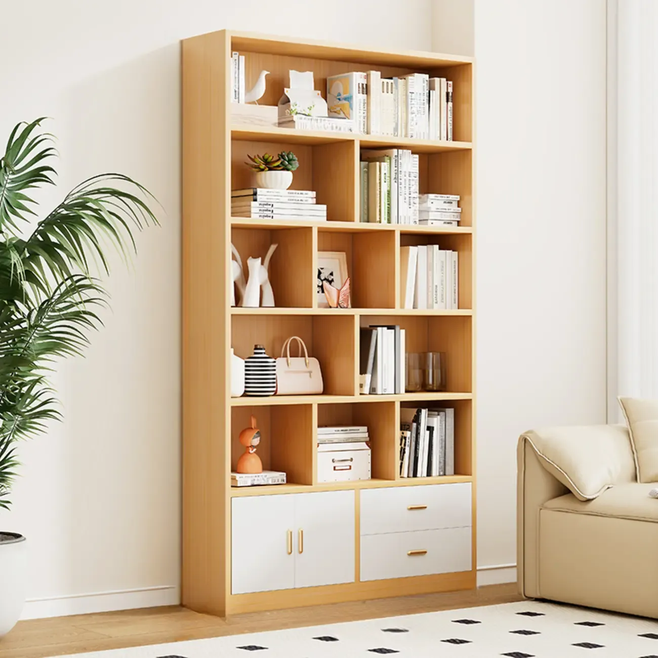 Natural Finish Narrow 6 Shelves Wooden Bookcase with Drawer Image - 9