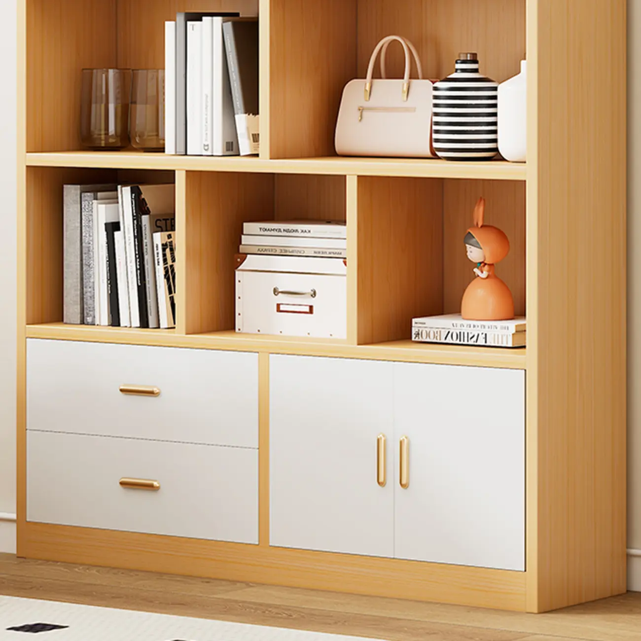 Natural Finish Narrow 6 Shelves Wooden Bookcase with Drawer Image - 10 | homeyfad