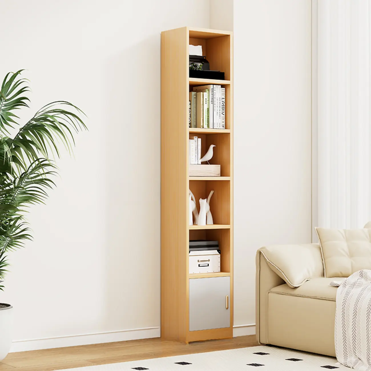Natural Finish Narrow 6 Shelves Wooden Bookcase with Drawer Image - 11 | homeyfad