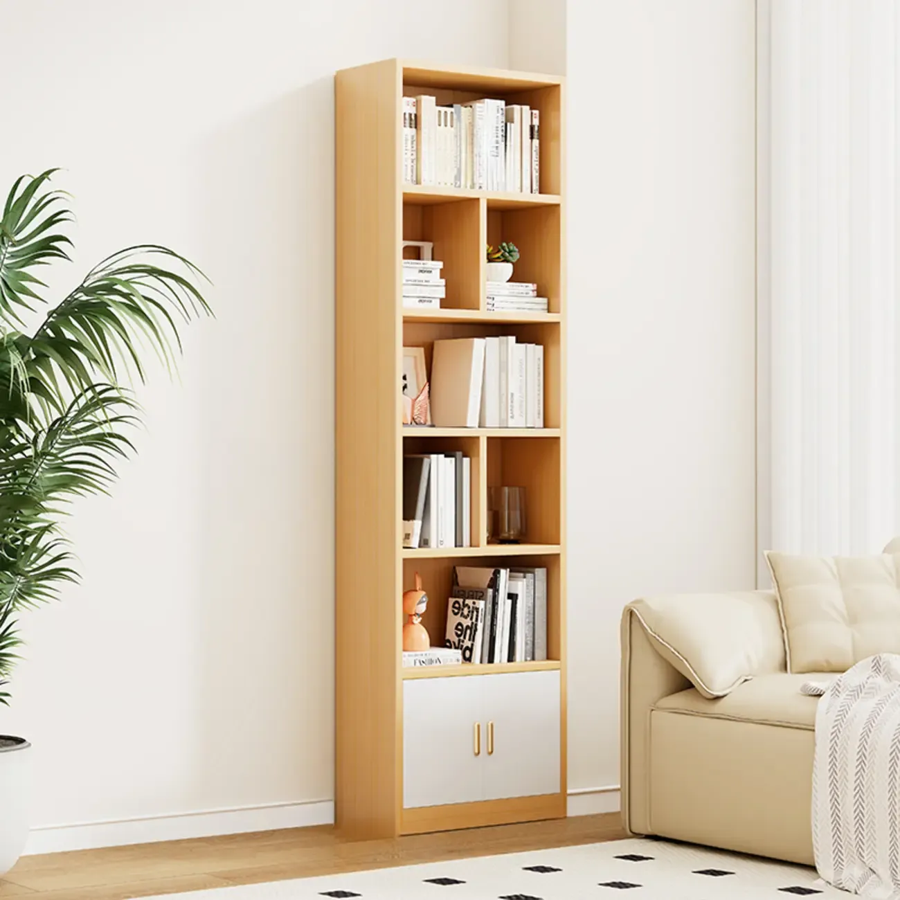 Natural Finish Narrow 6 Shelves Wooden Bookcase with Drawer Image - 13