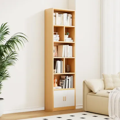 Natural Finish Narrow 6 Shelves Wooden Bookcase with Drawer Image - 13