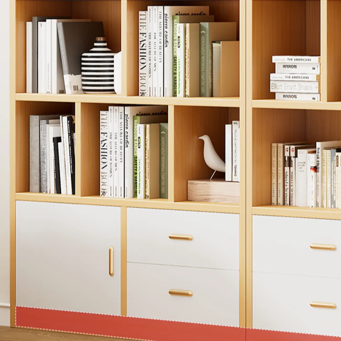 Natural Finish Narrow 6 Shelves Wooden Bookcase with Drawer Image - 14 | homeyfad