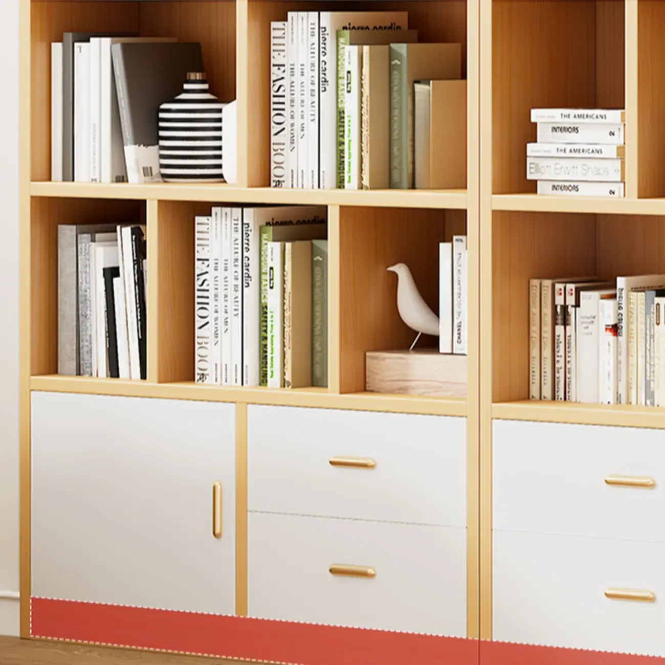 Natural Finish Narrow 6 Shelves Wooden Bookcase with Drawer Image - 14