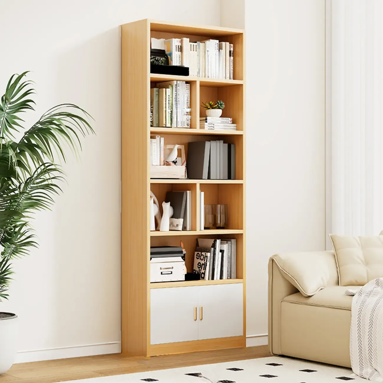 Natural Finish Narrow 6 Shelves Wooden Bookcase with Drawer Image - 16