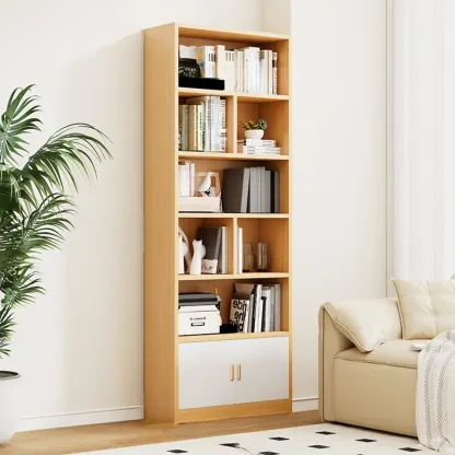 Natural Finish Narrow 6 Shelves Wooden Bookcase with Drawer Image - 16