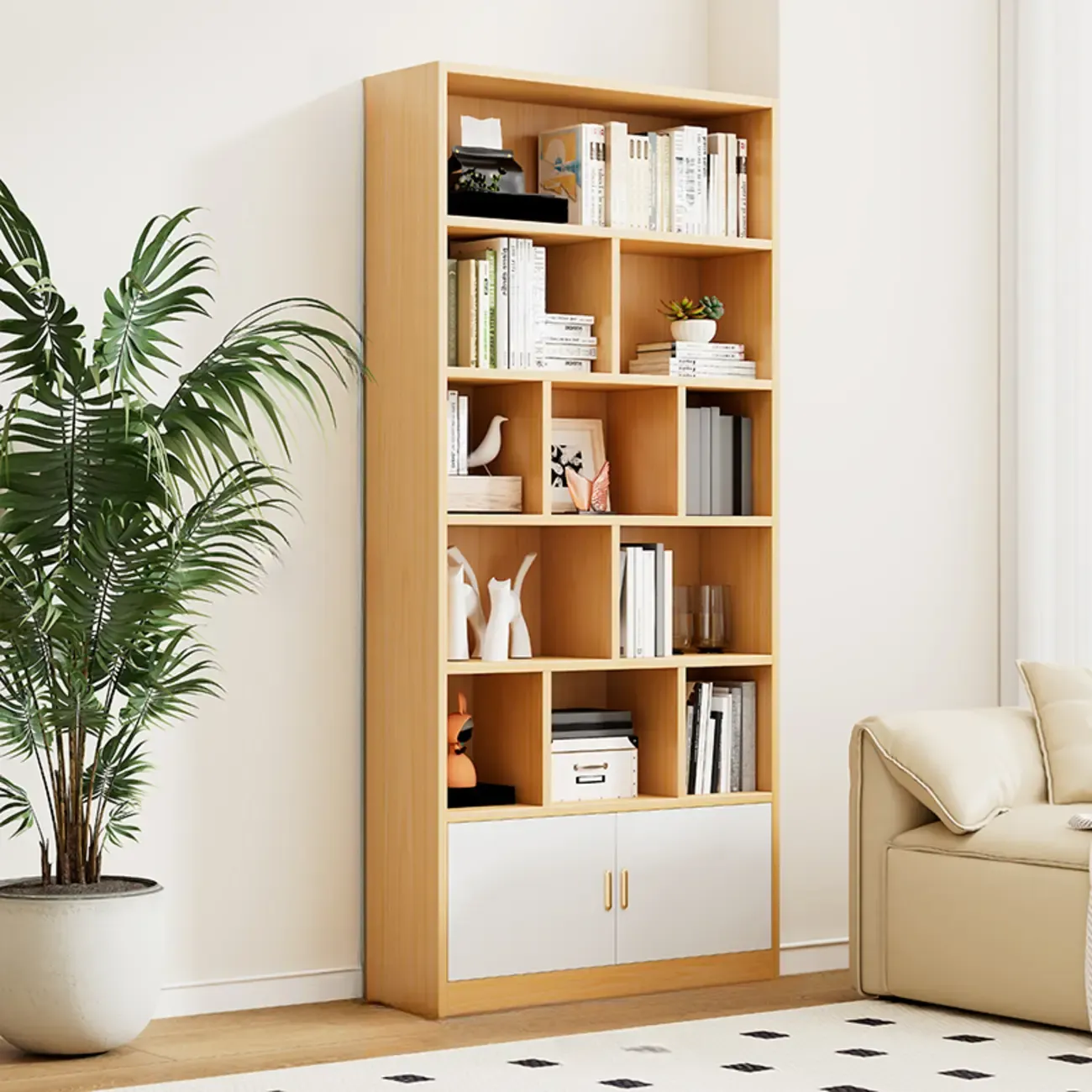 Natural Finish Narrow 6 Shelves Wooden Bookcase with Drawer Image - 17