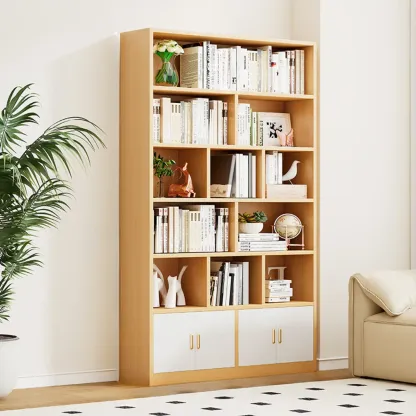 Natural Finish Narrow 6 Shelves Wooden Bookcase with Drawer Image - 18