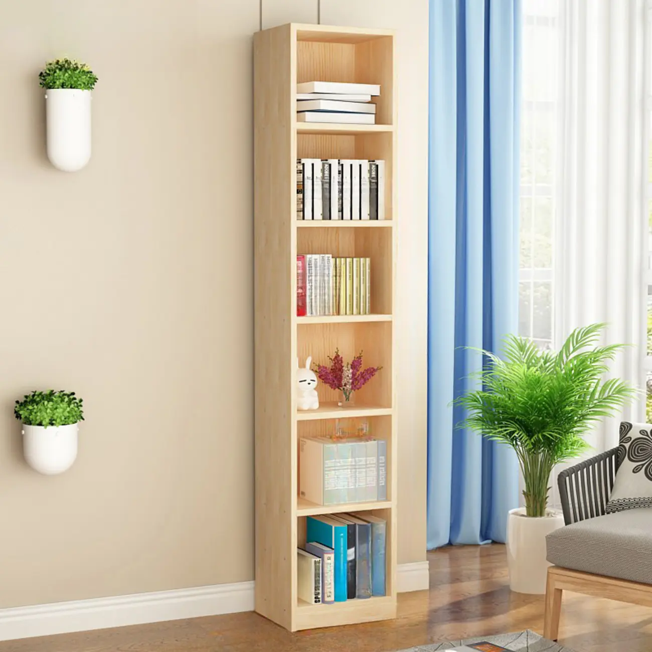Natural Finish Narrow 6 Shelves Wooden Bookcase with Drawer Image - 19 | homeyfad