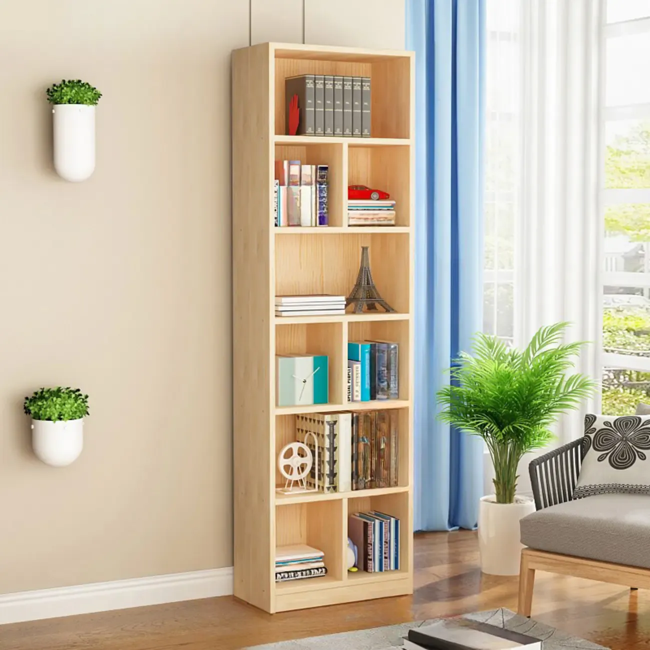 Natural Finish Narrow 6 Shelves Wooden Bookcase with Drawer Image - 20