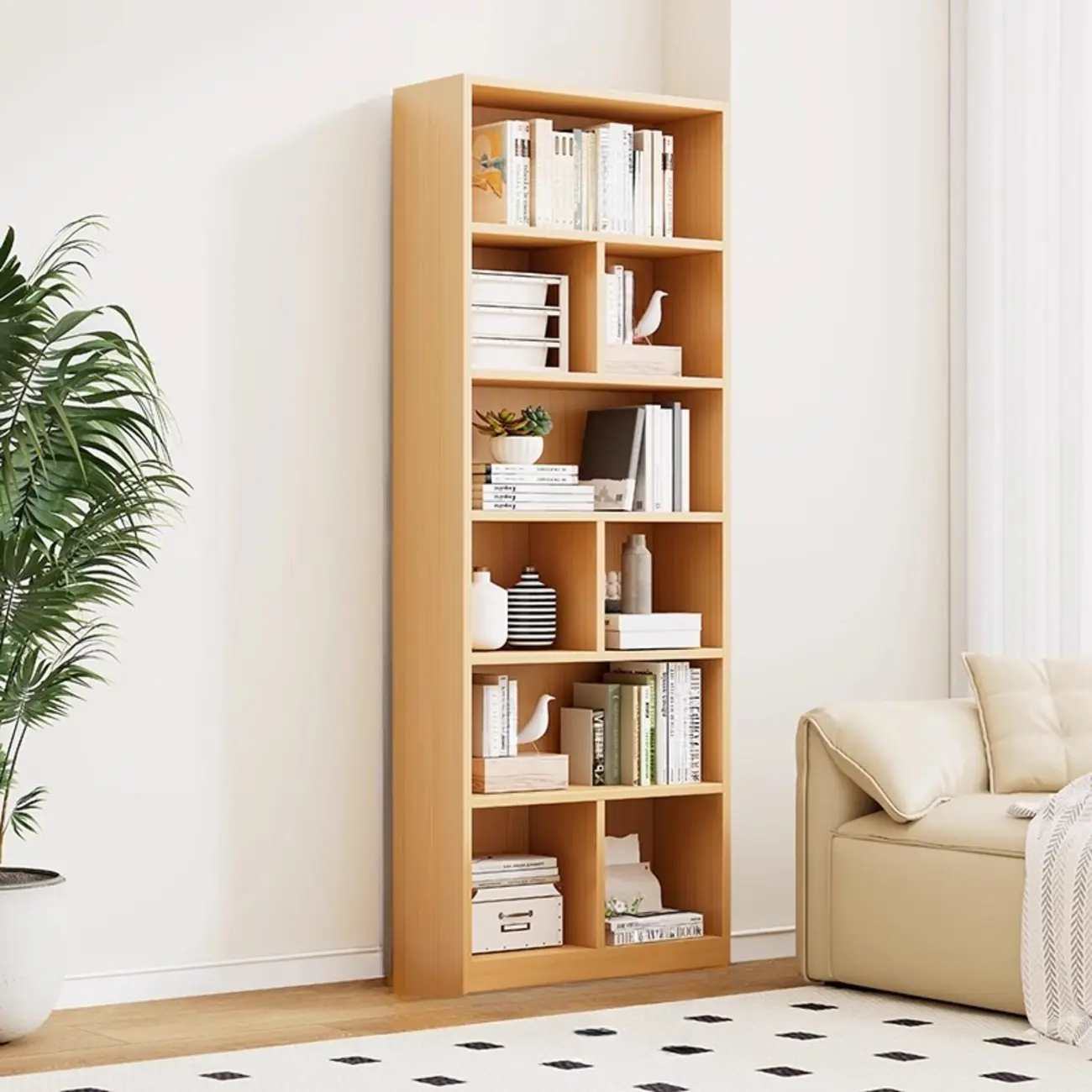 Natural Finish Narrow 6 Shelves Wooden Bookcase with Drawer Image - 21 | homeyfad