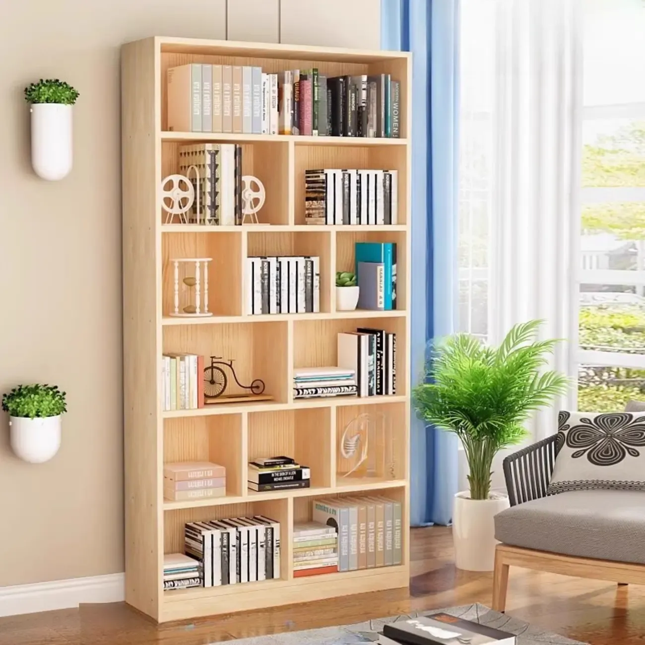 Natural Finish Narrow 6 Shelves Wooden Bookcase with Drawer Image - 22