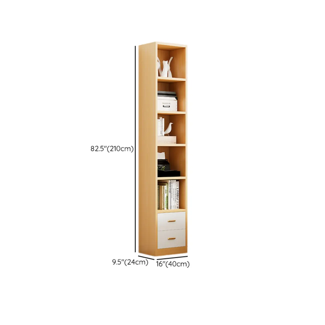 Natural Finish Narrow 6 Shelves Wooden Bookcase with Drawer #size