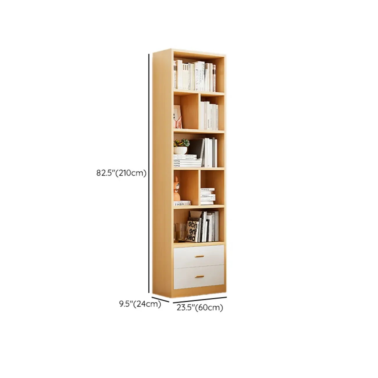 Natural Finish Narrow 6 Shelves Wooden Bookcase with Drawer Image - 25