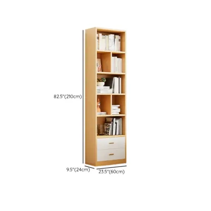 Natural Finish Narrow 6 Shelves Wooden Bookcase with Drawer Image - 25
