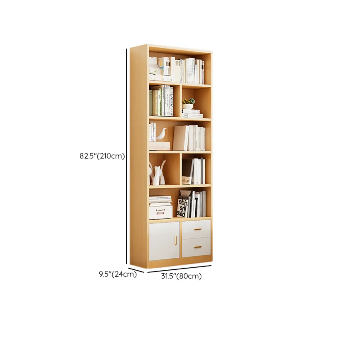 Natural Finish Narrow 6 Shelves Wooden Bookcase with Drawer Image - 26