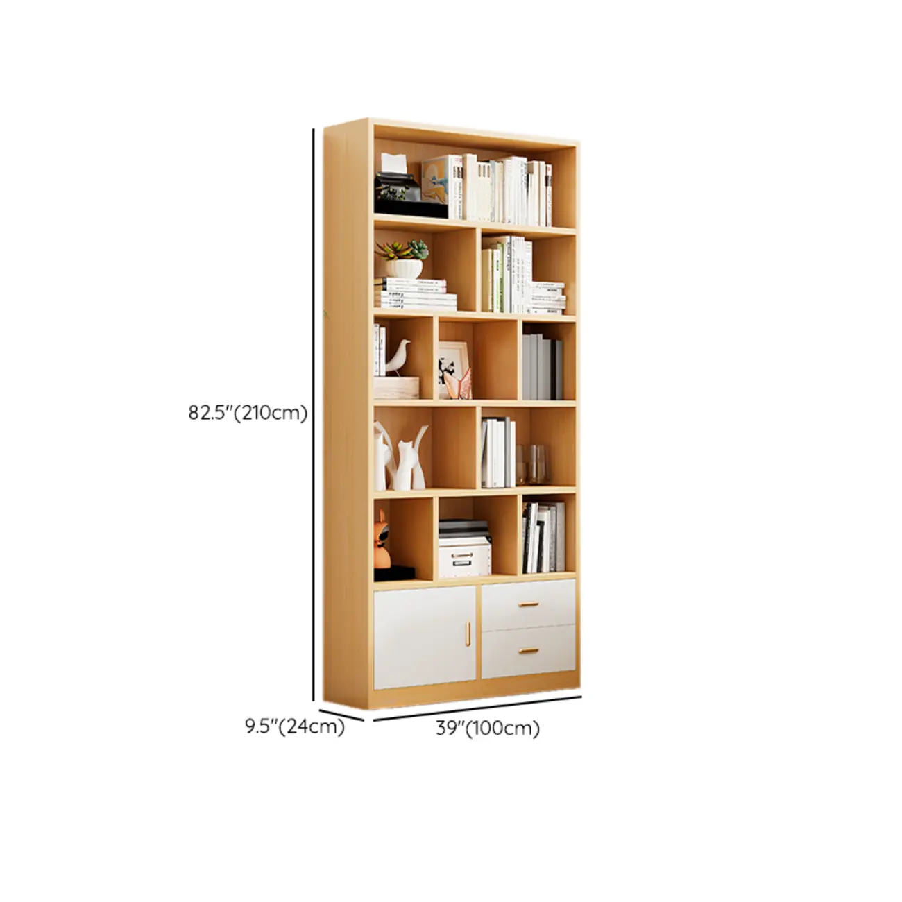 Natural Finish Narrow 6 Shelves Wooden Bookcase with Drawer Image - 27 | homeyfad