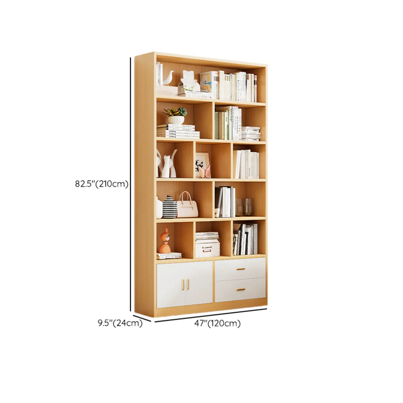 Natural Finish Narrow 6 Shelves Wooden Bookcase with Drawer Image - 28 | homeyfad