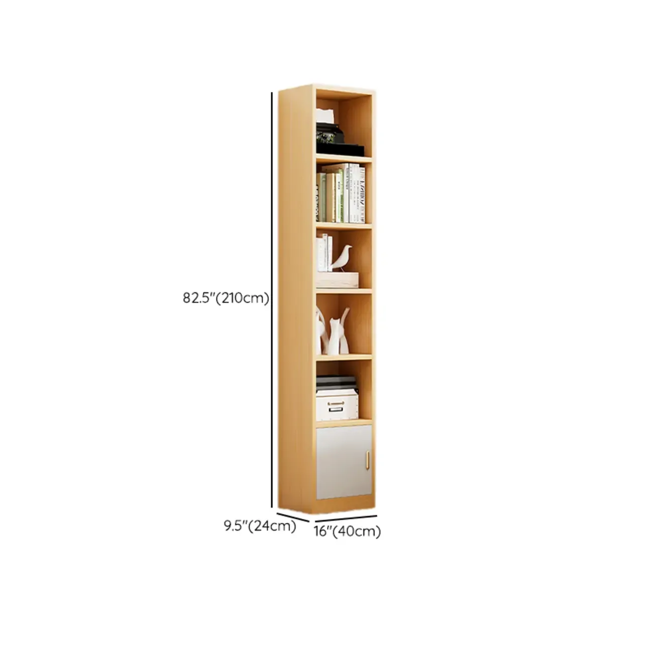 Natural Finish Narrow 6 Shelves Wooden Bookcase with Drawer Image - 29