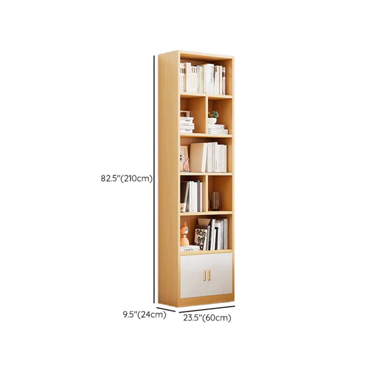 Natural Finish Narrow 6 Shelves Wooden Bookcase with Drawer Image - 30 | homeyfad