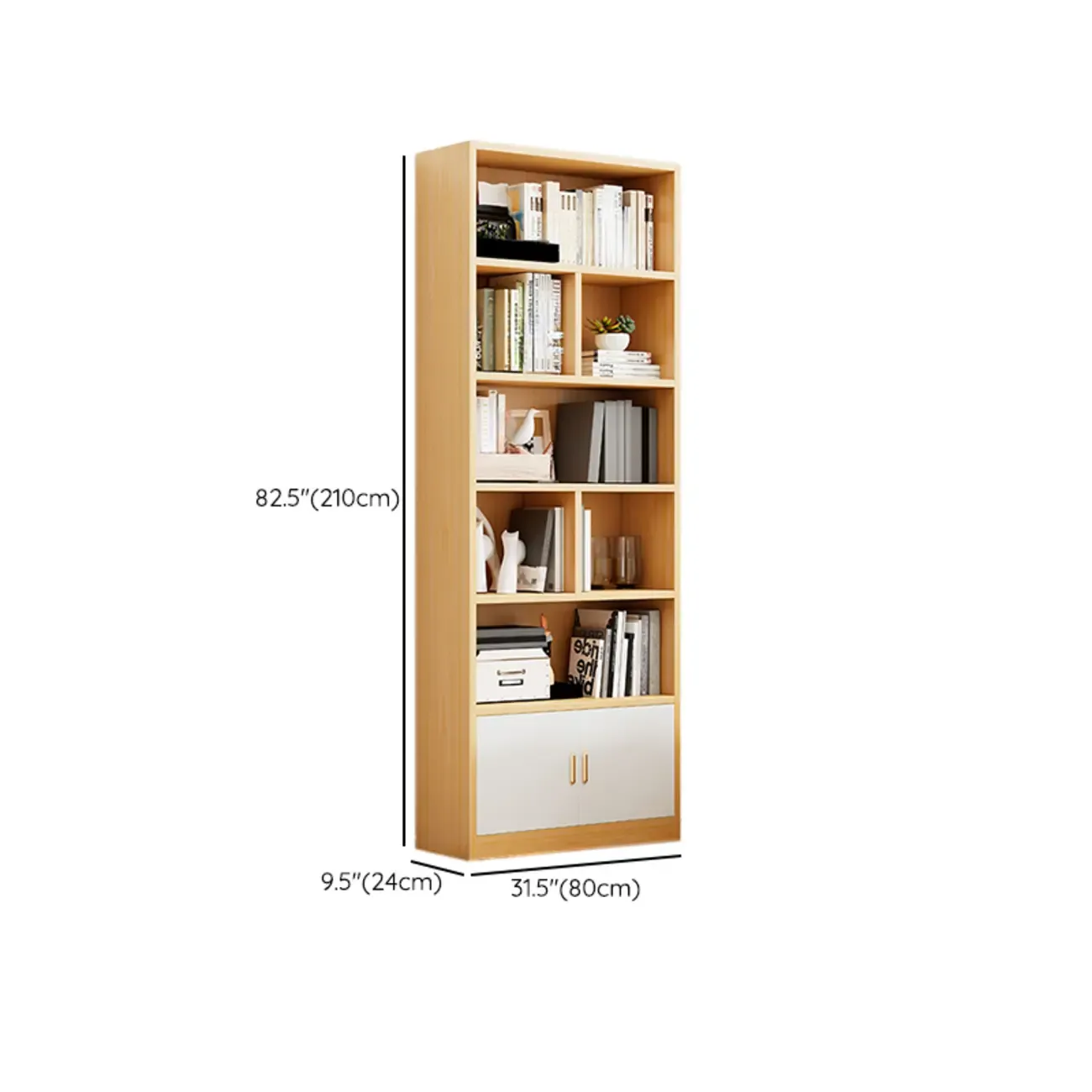 Natural Finish Narrow 6 Shelves Wooden Bookcase with Drawer Image - 31