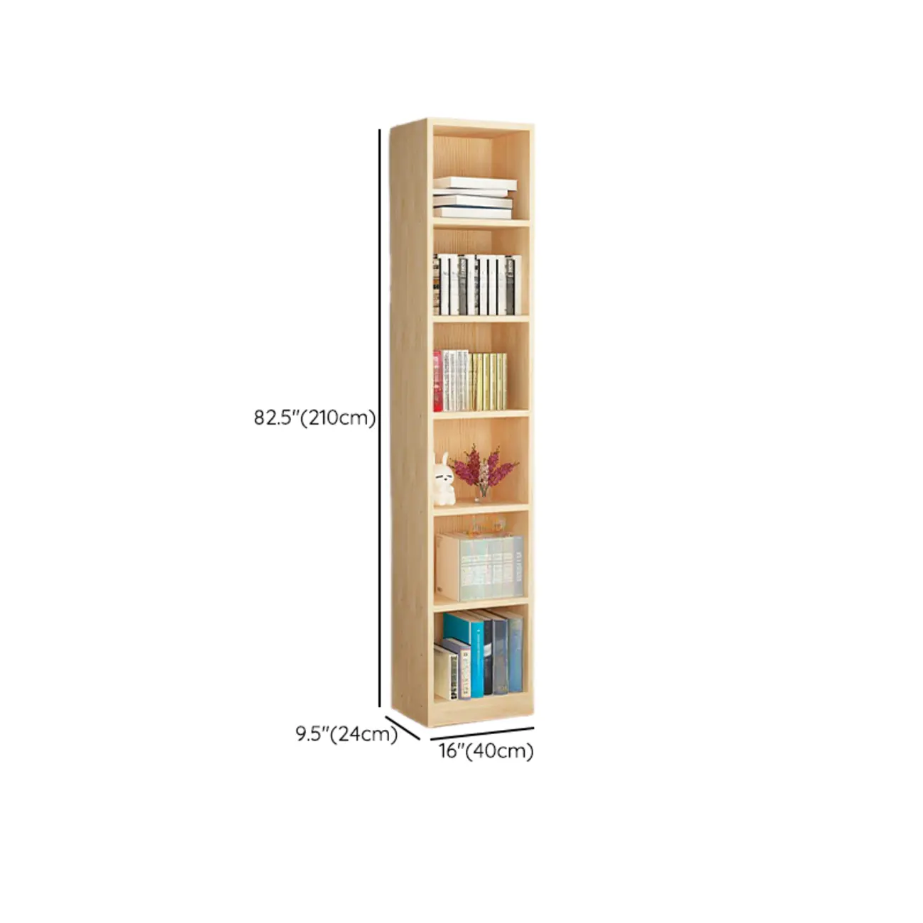 Natural Finish Narrow 6 Shelves Wooden Bookcase with Drawer Image - 34 | homeyfad