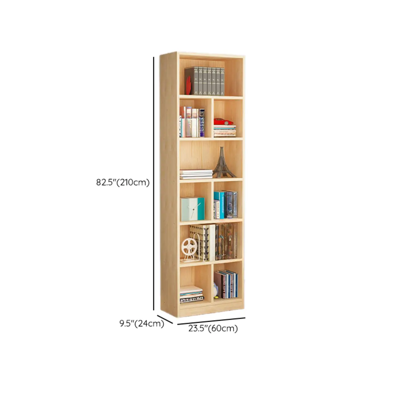 Natural Finish Narrow 6 Shelves Wooden Bookcase with Drawer Image - 35 | homeyfad